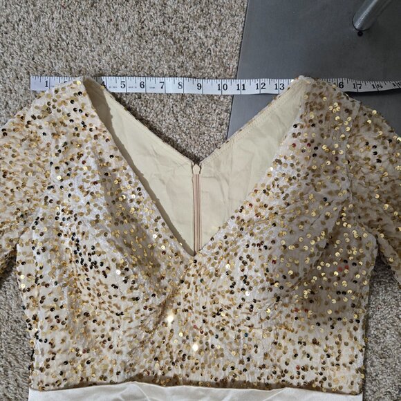 (Fits 14) NWT Unbranded Champagne-Gold Velvet-Sequin Ballgown w Satin Skirt - Picture 5 of 11